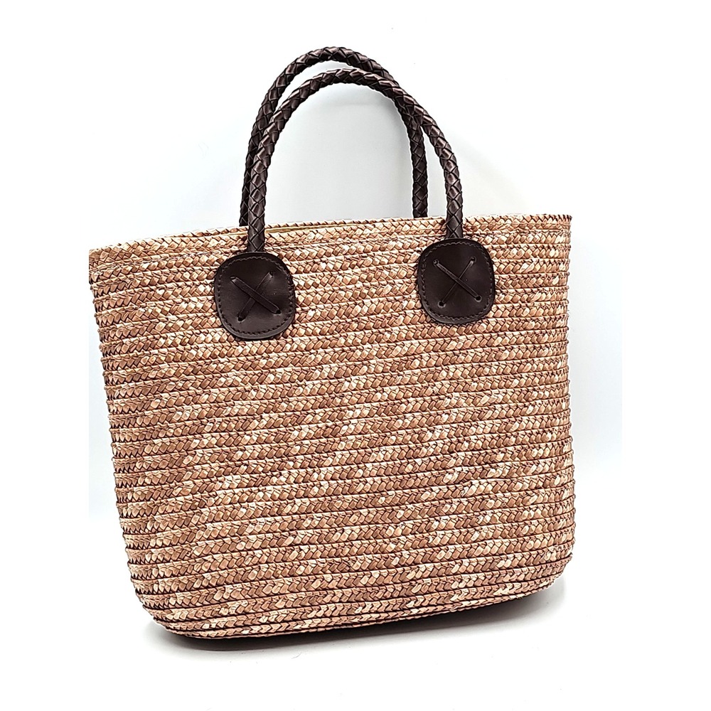 100% Wheat Straw Woven Tote Bag Brown Braided Handles Beach Market Shopper